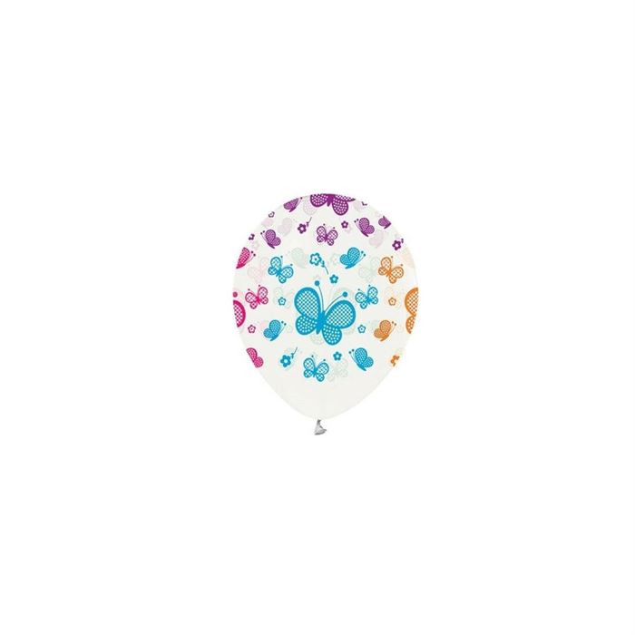 Balon Evi Çepeçevre Renkli Kelebekler Baskılı Beyaz 12inç Balon 8'Li